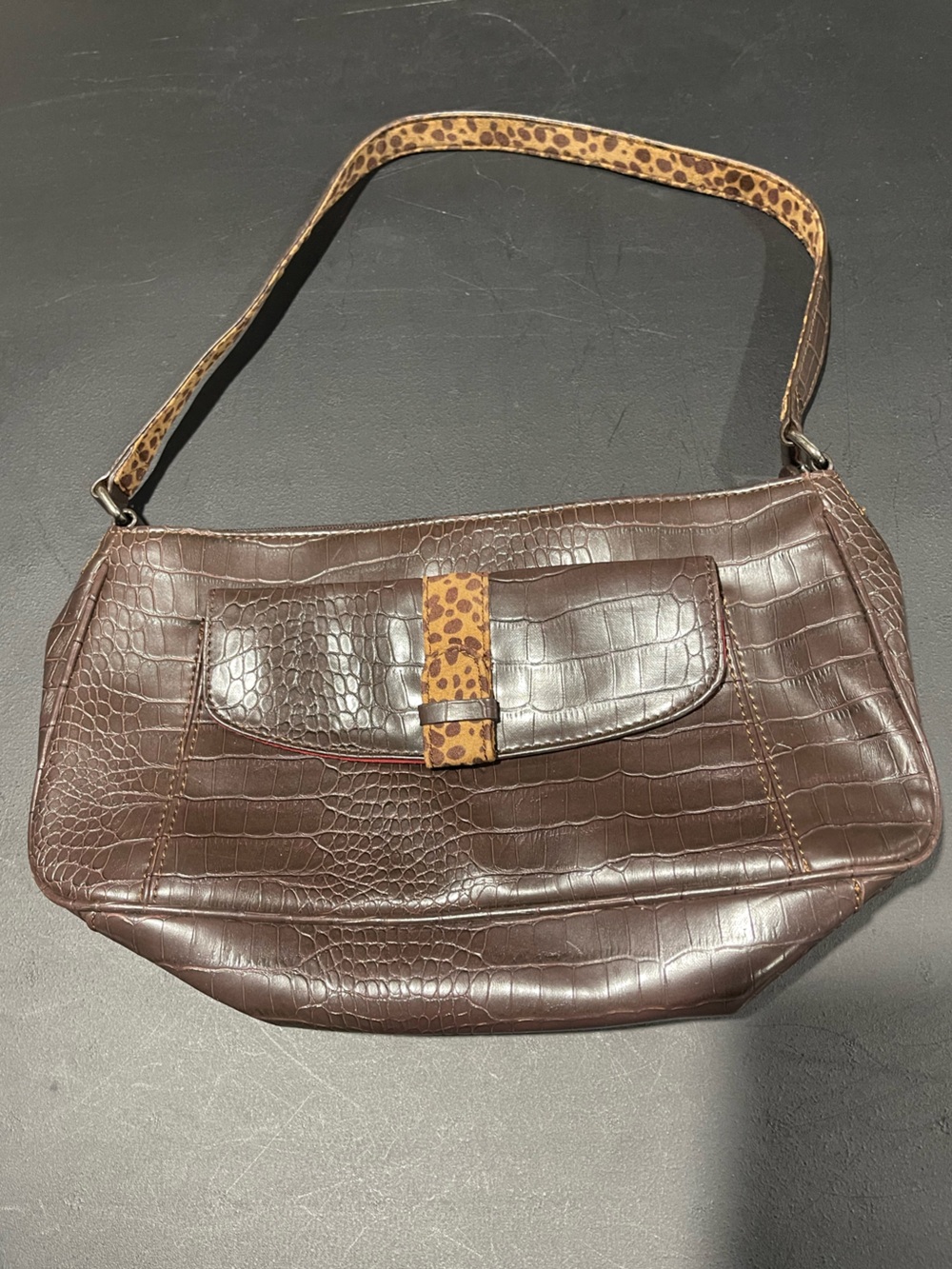 villager Dark Brown Croc-Embossed Shoulder Bag with Leopard Accent